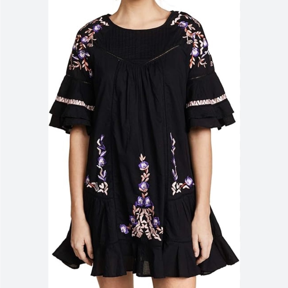 Free People Pablo Boho Bohemian Black Embroidered Mini Dress